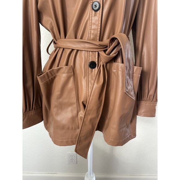 ZARA Vegan Leather Jacket Camel Short Trench Coat Size Medium - Picture 3 of 11